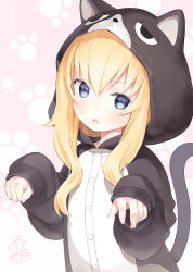 Rule 34 | &gt;:o, 10s, 1girl, 2017, :o, animal ears, animal hood, blonde hair, blue eyes, blush, buttons, capriccio, cat ears, cat hood, cat tail, dated, eyelashes, fake tail, fingernails, gabriel dropout, gabriel tenma white, hibanar, hood, long hair, looking at viewer, nail polish, paw pose, paw print, pink background, pink nails, signature, sleeves past wrists, solo, tail, upper body, v-shaped eyebrows