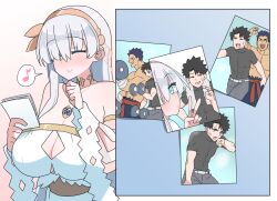 Rule 34 | 1girl, 2boys, akitokage, anastasia (fate), barbell, black hair, black shirt, blue eyes, breasts, cleavage, cleavage cutout, clenched hand, closed eyes, clothing cutout, collarbone, covered abs, dress, exercise, fate/grand order, fate (series), fergus mac roich (fate), fujimaru ritsuka (male), grey hair, grey pants, hairband, holding, holding photo, jewelry, large breasts, multiple boys, muscular, muscular male, musical note, necklace, pants, photo (object), shirt, smile, spoken musical note, sweatdrop, topless male, weightlifting, white dress