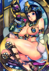 Rule 34 | 1girl, absurdres, bare shoulders, black hair, blue eyes, breasts, cameltoe, cleavage, f.s., highres, huge filesize, large breasts, looking at viewer, medium breasts, menace (queen&#039;s blade), menace (queen's blade), parted lips, platform clogs, queen&#039;s blade, queen of amara menace, sandals, short hair, sitting, smile, solo, thighs