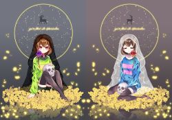Rule 34 | 2others, black legwear, black shorts, blue shirt, chara (undertale), closed eyes, closed mouth, collarbone, constellation, english text, flower, frisk (undertale), glowing, glowing petals, green shirt, ie (nyj1815), long sleeves, looking at viewer, multiple others, no shoes, parted lips, petals, purple flower, purple rose, red eyes, red flower, red rose, reflection, rose, shirt, short hair, shorts, sitting, skull, smile, striped clothes, striped shirt, thighhighs, thorns, undertale, veil, wariza