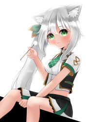 Rule 34 | 1girl, :c, aged down, animal ear fluff, animal ears, between legs, black skirt, black vest, blush, bow, breasts, cat ears, collared shirt, dandelion, flower, gaarya, green bow, green eyes, green necktie, hair between eyes, hair bow, hair ornament, hand between legs, hand up, head tilt, heart, heart in eye, highres, hizuki miu, holding, holding flower, impossible clothes, impossible shirt, long hair, looking at viewer, medium breasts, midriff, multicolored clothes, multicolored skirt, necktie, ponytail, raised eyebrows, shirt, side ponytail, silver hair, simple background, sitting, skirt, solo focus, stomach, symbol in eye, triangle, triangle print, very long hair, vest, virtual youtuber, wactor production, white background, white shirt, wing collar