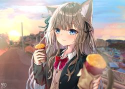 Rule 34 | 1girl, akino ell, animal ear fluff, animal ears, black jacket, black ribbon, blazer, blue eyes, blush, bow, cardigan vest, cat ears, closed mouth, collared shirt, commentary request, food, grey hair, hair ornament, hair ribbon, hairclip, holding, holding food, jacket, long hair, long sleeves, looking at viewer, nail polish, open clothes, open jacket, original, outdoors, pink nails, red bow, ribbon, roasted sweet potato, school uniform, shirt, signature, sleeves past wrists, smile, solo, sunset, sweet potato, upper body, white shirt