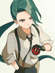 Rule 34 | 1girl, asymmetrical bangs, black gloves, black necktie, black pants, bright pupils, collared shirt, creatures (company), ear piercing, earrings, game freak, gloves, green hair, grey shirt, highres, holding, holding poke ball, jewelry, long hair, mikan (mikan no happa), necktie, nintendo, pants, piercing, poke ball, poke ball (basic), pokemon, pokemon sv, ponytail, red eyes, reverse trap, rika (pokemon), shirt, sleeves past elbows, solo, suspenders, triangle earrings, white pupils