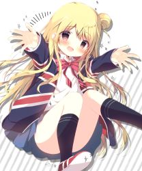 Rule 34 | 1girl, :d, black jacket, black socks, blonde hair, blue skirt, blush, bow, brown hair, collared shirt, commentary request, convenient leg, diagonal stripes, fang, flower, hair between eyes, hair bun, hair ornament, hairclip, jacket, kin-iro mosaic, kneehighs, kujou karen, long hair, long sleeves, looking at viewer, open clothes, open jacket, open mouth, outstretched arms, pink bow, pleated skirt, print jacket, red flower, shiratama (shiratamaco), shirt, shoe soles, shoes, single hair bun, skirt, smile, socks, solo, star (symbol), striped, striped background, striped bow, union jack, very long hair, white background, white shirt, x hair ornament