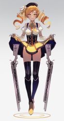 Rule 34 | 1girl, absurdres, beret, blonde hair, boots, breasts, corset, detached sleeves, dethmaid, drill hair, fingerless gloves, full body, gloves, grey eyes, gun, hair ornament, hairpin, hat, highres, large breasts, magical girl, magical musket, mahou shoujo madoka magica, mahou shoujo madoka magica (anime), medium breasts, pleated skirt, puffy sleeves, short twintails, skirt, skirt hold, solo, striped clothes, striped thighhighs, thighhighs, tomoe mami, twin drills, twintails, vertical-striped clothes, vertical-striped thighhighs, weapon, white background, yellow eyes