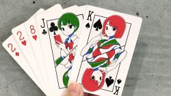 Rule 34 | 2girls, bow, bowtie, card, card (medium), expressionless, green eyes, green hair, green sailor collar, highres, holding, holding phone, jack (playing card), jack of clubs (playing card), king (playing card), king of spades, limited palette, looking at viewer, multiple girls, neckerchief, original, panasonynet, phone, photo (medium), playing card, red eyes, red hair, red neckwear, sailor collar, shirt, short sleeves, smile, upper body, v, white shirt