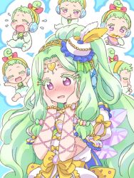 Rule 34 | 1girl, ^ ^, aged down, arms up, baby, blush, bow, bracelet, closed eyes, closed mouth, clothing cutout, crying, diaper, dirty, dirty face, dress, dual persona, eating, embarrassed, gem, green hair, hair bow, hands on own cheeks, hands on own face, headphones, highres, ikzw, jewelry, jewlie (pripara), long hair, looking at viewer, multiple views, open mouth, pink bow, pretty series, pripara, puffy short sleeves, puffy sleeves, remembering, short hair, short sleeves, shoulder cutout, sleeping, smile, snot, very long hair, white dress, yellow bow