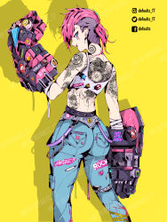 Rule 34 | 1girl, absurdres, arcane: league of legends, arm tattoo, artist name, ass, asymmetrical hair, back tattoo, blue eyes, blue pants, crop top, defaultz, earrings, highres, jewelry, league of legends, mechanical gloves, neck tattoo, open mouth, pants, pink hair, roman numeral, shadow, sidecut, sign, tank top, tattoo, torn clothes, torn pants, undercut, vi (league of legends), warning sign, white tank top, yellow background