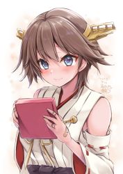 Rule 34 | 1girl, absurdres, artist name, bandaid, bandaid on hand, bare shoulders, blue eyes, blush, box, brown hair, closed mouth, dated, detached sleeves, gift, gift box, hair between eyes, headgear, hiei (kancolle), hiei kai ni (kancolle), highres, holding, holding gift, japanese clothes, kantai collection, mashiro yukiya, nontraditional miko, one-hour drawing challenge, ribbon-trimmed sleeves, ribbon trim, short hair, signature, smile, solo, upper body, wide sleeves