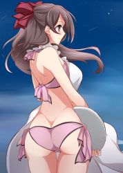 Rule 34 | 1girl, adapted costume, apron, ass, bikini, bikini under clothes, blush, bow, breasts, brown hair, butt crack, closed mouth, cowboy shot, from behind, hair bow, kantai collection, large breasts, long hair, looking to the side, mamiya (kancolle), outdoors, pink bikini, purple eyes, red-eyes macadamiachoco, side-tie bikini bottom, sky, solo, standing, swimsuit, upper body