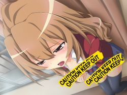 Rule 34 | 1girl, against wall, aisaka taiga, bad id, bad pixiv id, black thighhighs, blazer, blush, brown eyes, brown hair, caution tape, censored, curtains, dutch angle, female masturbation, fingering, flat chest, from above, jacket, keep out, long hair, masturbation, novelty censor, open clothes, open mouth, open shirt, perspective, purple eyes, sakiika (summer 1919), school uniform, shirt, skirt, solo, standing, sweat, thighhighs, tongue, toradora!, undressing, window, zettai ryouiki