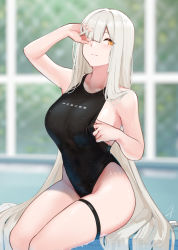 Rule 34 | 1girl, bare shoulders, black one-piece swimsuit, blush, breasts, competition swimsuit, day, hair over one eye, hand in own hair, hayabusa (vert 320), highleg, highleg swimsuit, highres, large breasts, long hair, looking at viewer, mole, mole on arm, mole on stomach, mole under eye, one-piece swimsuit, orange eyes, original, outdoors, pool, sitting, soaking feet, solo, swimsuit, thigh strap, thighs, very long hair, white hair