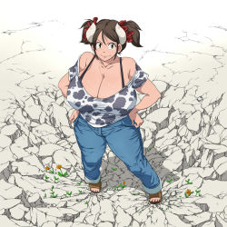 Rule 34 | 1girl, animal print, bare shoulders, breasts, brown eyes, brown hair, cleavage, covered erect nipples, cow girl, cow horns, cow print, crater, flower, gigantic breasts, hands on own hips, hataraki ari, horns, huge breasts, looking at viewer, looking up, original, sandals, short hair, smile, solo, sukimi, thighs
