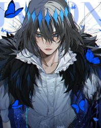 Rule 34 | 1boy, absurdres, alternate hair color, arthropod boy, text background, black hair, blue butterfly, blue eyes, bug, butterfly, cape, collared shirt, crown, diamond hairband, expressionless, fate/grand order, fate (series), feather boa, fur collar, fur trim, highres, insect, insect wings, j.moon, light particles, long sleeves, looking at viewer, male focus, medium hair, oberon (fate), official alternate costume, parted lips, shirt, solo, upper body, white shirt, wings