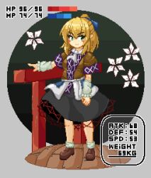 Rule 34 | 1girl, black skirt, blonde hair, blush stickers, breasts, brown shirt, commentary request, full body, green eyes, hair ribbon, medium breasts, mizuhashi parsee, nerizou, pixel art, plump, ponytail, ribbon, shirt, skirt, smile, solo, touhou, wooden floor