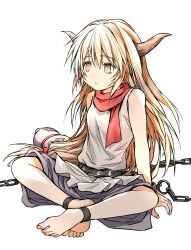 1girl absurdres bare_shoulders barefoot blonde_hair blue_skirt breasts brown_eyes commentary crossed_legs cuffs full_body gourd hair_between_eyes highres horns ibuki_suika long_hair looking_to_the_side metal_belt no_hair_bow oni red_scarf scarf shackles shimoda_masaya shirt simple_background sitting skirt sleeveless sleeveless_shirt small_breasts solo touhou very_long_hair white_background white_shirt