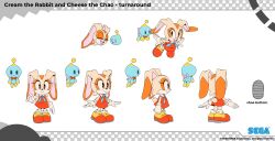 Rule 34 | 1girl, 1other, :&gt;, absurdres, animal ears, aqua ribbon, aqua skin, bare shoulders, blue eyes, bow, bowtie, brown eyes, butterfly wings, chao (sonic), character profile, character sheet, cheese (sonic), collared dress, cream the rabbit, dress, flying, gloves, highres, insect wings, laughing, long eyelashes, loose socks, multiple views, neck ribbon, official art, pet, pigeon-toed, pink wings, rabbit ears, rabbit girl, rabbit tail, red bow, red bowtie, red dress, red footwear, ribbon, shoes, sleeveless, sleeveless dress, smile, socks, sonic (series), sonic dream team, tail, turnaround, tyson hesse, very long ears, white gloves, wings
