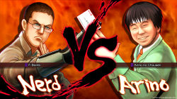 Rule 34 | 2boys, angry video game nerd, angry video game nerd (series), arino shin&#039;ya, blue eyes, brown eyes, brown hair, capcom, fiery background, fire, frown, gamecenter cx, glasses, jaimito, james rolfe, male focus, multiple boys, parody, power glove, red background, shinya arino, smile, street fighter, street fighter iv (series), style parody, vs