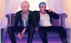 Rule 34 | 2boys, blonde hair, boots, bottle, cigarette, couch, green hair, hair over one eye, male focus, multiple boys, necktie, one-eyed, one piece, roronoa zoro, sanji (one piece), sitting