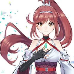 Rule 34 | 1girl, absurdres, bare shoulders, black gloves, chest jewel, detached sleeves, fingerless gloves, glimmer (xenoblade), gloves, green eyes, hand on own chest, high ponytail, highres, japanese clothes, kimono, kyosuke1413koba, looking at viewer, ponytail, red hair, solo, v-shaped eyebrows, wavy mouth, white background, xenoblade chronicles (series), xenoblade chronicles 3, xenoblade chronicles 3: future redeemed