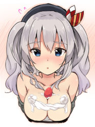 Rule 34 | 10s, 1girl, bare shoulders, beret, between breasts, blue eyes, blush, breasts, cleavage, cream, downblouse, food, food on body, food on breasts, fruit, grey eyes, hat, kantai collection, kashima (kancolle), large breasts, long hair, looking at viewer, off shoulder, parted lips, silver hair, simple background, solo, strawberry, suzuki toto, twintails, upper body