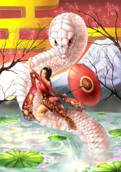 Rule 34 | 1girl, animal, bad id, bad pixiv id, bare legs, barefoot, black hair, cherry blossoms, chinese zodiac, flower, giant snake, hair ornament, hatsuyume, highres, japanese clothes, kimono, lily pad, looking back, lotus, mishaguji, monster, mount fuji, mountain, new year, oil-paper umbrella, original, oversized animal, short hair, short kimono, snake, snake (chinese zodiac), straddling, umbrella, water, white snake, yazuwo