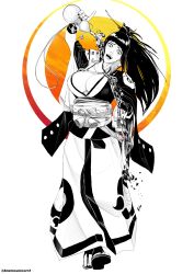 Rule 34 | 1girl, absurdres, alcohol, arm up, armor, artist name, baiken, baiken (cosplay), black hair, blunt bangs, bottle, breasts, cleavage, cosplay, emo (anemounicorn), full body, gourd, greyscale, greyscale with colored background, guilty gear, han juri, high ponytail, highres, holding, japanese armor, japanese clothes, katana, kote, large breasts, long hair, looking at viewer, monochrome, obi, obiage, open mouth, ponytail, pouring, pouring onto self, raised eyebrows, rope, samurai, sandals, sash, sheath, sheathed, sidelocks, solo, street fighter, sword, teeth, upper teeth only, weapon, wide sleeves, wine bottle