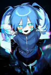 Rule 34 | 1girl, arms behind back, black background, black skirt, blue eyes, blue hair, blush, chromatic aberration, colored eyelashes, digital dissolve, ene (kagerou project), facial mark, from above, hair between eyes, headphones, highres, jacket, kagerou project, light particles, long hair, looking at viewer, octopachi, open mouth, skirt, smile, solo, thighhighs, track jacket, twintails, zipper, zipper pull tab