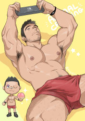 Rule 34 | 1boy, abs, absurdres, animal crossing, armpit hair, armpits, arms up, bara, bare pectorals, black hair, blonde hair, bulge, erection, erection under clothes, facial hair, feet out of frame, handheld game console, highres, kienbiu, large pectorals, leg hair, male focus, muscular, navel, navel hair, nintendo, nintendo switch, nipples, original, pectorals, red shorts, short hair, shorts, sideburns, solo, spiked hair, spread legs, stubble, thick thighs, thighs