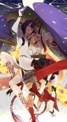Rule 34 | 2girls, anklet, arm up, bad id, bad pixiv id, bare shoulders, barefoot, barefoot sandals (jewelry), black hair, blonde hair, bracelet, facial mark, fate/grand order, fate (series), flat chest, highres, holding, horns, ibaraki douji (fate), jewelry, leg tattoo, long hair, looking at viewer, multiple girls, navel, oni, pale skin, parted lips, purple eyes, purple hair, revealing clothes, robe, short hair, shuten douji (fate), skin-covered horns, smile, tattoo, touzai (poppin phl95), yellow eyes