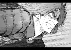 Rule 34 | 1boy, captain tsubasa, character request, clenched hand, clenched teeth, furrowed brow, greyscale, highres, letterboxed, maki keigo, male focus, monochrome, profile, solo, sportswear, teeth, upper body