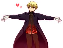 Rule 34 | 10s, 1boy, blonde hair, cassock, cosplay, fate/extra, fate (series), gilgamesh (fate), gloves, heart, kotomine kirei, kotomine kirei (cosplay), male focus, red eyes, solo, sss f, triquetra, white gloves