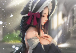 Rule 34 | 1girl, bare shoulders, black hair, bonnet, bow, breasts, brown hair, choker, cleavage, closed eyes, hat, highres, lips, long hair, milk-doll, original, parted lips, profile, solo, upper body, wide sleeves