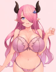 Rule 34 | 1girl, :d, arm at side, bad id, bad pixiv id, bare arms, bare shoulders, blush, bra, breasts, bright pupils, cleavage, curvy, draph, granblue fantasy, hair ornament, hair over one eye, hairpin, hand up, highres, horns, huge breasts, koretsuki azuma, lingerie, long hair, looking at viewer, narmaya (granblue fantasy), navel, open mouth, panties, pink background, pink bra, pink hair, pink panties, purple eyes, shiny skin, simple background, smile, solo, stomach, tareme, underwear, very long hair, wide hips