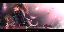 Rule 34 | 1girl, :d, absurdres, bang dream!, bass guitar, black choker, black jacket, blurry, breasts, brown hair, choker, commentary request, cropped jacket, cross-laced clothes, feathers, floating hair, green eyes, hair ornament, highres, holding, holding instrument, imai lisa, instrument, jacket, large breasts, letterboxed, light particles, long hair, long sleeves, looking at viewer, negative space, one side up, open clothes, open jacket, open mouth, sidelocks, smile, solo, upper body, yako mashiro