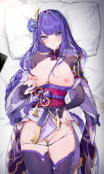 Rule 34 | 1girl, absurdres, braid, breasts, breasts out, genshin impact, highres, houkisei, large breasts, long image, nipples, purple hair, pussy, raiden shogun, solo, tall image