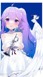 Rule 34 | 1girl, absurdres, ahoge, azur lane, bare shoulders, blush, border, breasts, cleavage, cowboy shot, dress, feathered wings, gloves, highres, holding, holding instrument, instrument, large breasts, long hair, looking at viewer, official alternate costume, outside border, pantyhose, parted lips, purple eyes, purple hair, side ponytail, smile, solo, trumpet, twitter username, uguhei, unicorn (azur lane), unicorn (blissful movement) (azur lane), white border, white dress, white gloves, white pantyhose, white wings, wing hair ornament, wings