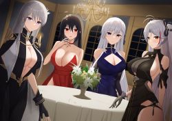 Rule 34 | 4girls, absurdres, anniversary, arm behind back, azur lane, bare shoulders, belfast (azur lane), belfast (the noble attendant) (azur lane), black dress, black gloves, black hair, black ribbon, blue dress, braid, breasts, cleavage, closed mouth, collarbone, dress, elbow gloves, enterprise (azur lane), enterprise (heroic finery) (azur lane), feet out of frame, fingerless gloves, flower, french braid, gloves, grey gloves, grey hair, hair ornament, hair ribbon, hairclip, highres, jewelry, lamp, large breasts, lips, long hair, looking at viewer, multicolored hair, multiple girls, official alternate costume, open mouth, orange eyes, parted lips, prinz eugen (azur lane), prinz eugen (cordial cornflower) (azur lane), purple eyes, red dress, red eyes, ribbon, rk (cc15915r), sideboob, smile, standing, streaked hair, table, taihou (azur lane), taihou (forbidden feast) (azur lane), twintails, white hair