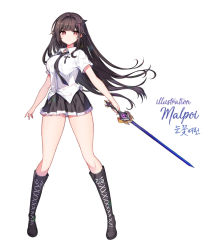 Rule 34 | 1girl, bad id, bad pixiv id, bare arms, black footwear, black necktie, black skirt, boots, breasts, brown hair, collared shirt, cross, cross-laced footwear, dress shirt, floating hair, full body, hair ornament, holding, holding sword, holding weapon, knee boots, lace-up boots, large breasts, latin cross, long hair, looking at viewer, mal poi, miniskirt, necktie, original, pleated skirt, red eyes, school uniform, shirt, short sleeves, sidelocks, simple background, skirt, solo, standing, sword, thighs, very long hair, weapon, white background, white shirt