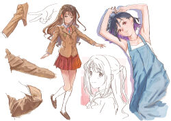 Rule 34 | 2girls, armpits, art study, bare arms, bare shoulders, black hair, blazer, blue overalls, blunt bangs, breasts, brown eyes, brown hair, brown jacket, collage, commentary request, do it yourself!!, full body, half updo, idolmaster, idolmaster cinderella girls, jacket, kneehighs, loafers, long hair, long sleeves, lying, matsuo yuusuke, miniskirt, multicolored hair, multiple girls, multiple views, on back, overalls, pleated skirt, purple hair, red eyes, school uniform, shimamura uzuki, shoes, short hair, simple background, skirt, small breasts, smile, socks, strapless, suride miku, two-tone hair, white background, white socks