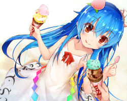 Rule 34 | 1girl, adapted costume, blue hair, collarbone, commentary request, dress, dutch angle, efe, flat chest, food, fruit, gradient background, hair between eyes, hinanawi tenshi, holding, holding spoon, ice cream, licking lips, long hair, peach, red eyes, revision, smile, solo focus, spoon, sundress, tongue, tongue out, touhou, white dress