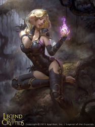 Rule 34 | 1girl, bare shoulders, blonde hair, bodysuit, breasts, cleavage, copyright name, dated, fire, highres, jewelry, leaf, legend of the cryptids, lius lasahido, long hair, nail polish, official art, ring, sitting, solo, teeth, tree, watermark, web address