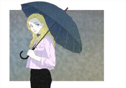 Rule 34 | 1girl, blonde hair, blue eyes, commentary, english commentary, grey sky, holding, holding umbrella, jacket, long hair, looking at viewer, original, outdoors, parted lips, pink jacket, pocket, rain, robomi os, sky, standing, umbrella