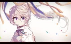 Rule 34 | 1girl, black ribbon, commentary request, confetti, grey background, grey hair, hair between eyes, haruwaka 064, highres, japanese clothes, kariginu, letterboxed, long hair, mononobe no futo, neck ribbon, no headwear, no headwear, pom pom (clothes), ponytail, purple eyes, ribbon, solo, touhou, upper body, wind