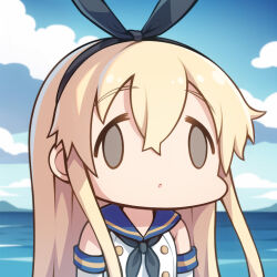 Rule 34 | 1girl, ai-assisted, blonde hair, chibi, empty eyes, face of the people who sank all their money into the fx (meme), hairband, kantai collection, long hair, meme, merrytail, neckerchief, ocean, sailor collar, shimakaze (kancolle), solo, striped, wall-eyed