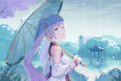 Rule 34 | 1girl, a-soul, absurdres, architecture, ava (a-soul), blue eyes, detached sleeves, dress, east asian architecture, from side, hair ribbon, highres, holding, holding umbrella, lake, long hair, looking afar, purple hair, rain, ribbon, ripples, solo, tree, twintails, umbrella, upper body, virtual youtuber, white dress, x.x.d.x.c