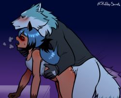 Rule 34 | 1boy, 1girl, arm support, bent over, blue hair, blush, bottomless, brand new animal, clothed sex, furry, furry with furry, hand under clothes, hetero, kagemori michiru, moaning, sex, sex from behind, shirt, tagme, tank top, tanuki, raccoon girl, white shirt, wolf, wolf boy