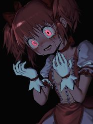 Rule 34 | 1girl, absurdres, black background, bow, bow choker, chinese commentary, choker, collarbone, commentary request, crying, crying with eyes open, dress, gloves, glowing, glowing eyes, hair bow, hands up, highres, huli xiaobai, kaname madoka, looking at hands, mahou shoujo madoka magica, mahou shoujo madoka magica (anime), open mouth, pink eyes, puffy short sleeves, puffy sleeves, red choker, red dress, red hair, short hair, short sleeves, short twintails, simple background, solo, tears, twintails, upper body, white gloves, wide-eyed