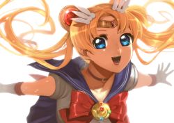 Rule 34 | 10s, 1girl, backlighting, bad id, bad pixiv id, bishoujo senshi sailor moon, bishoujo senshi sailor moon crystal, blonde hair, blue eyes, blue sailor collar, bow, brooch, choker, double bun, gloves, hair bun, hair ornament, jewelry, long hair, magical girl, open mouth, outstretched arms, red bow, sailor collar, sailor moon, sailor senshi, smile, solo, tiara, tsukino usagi, twintails, very long hair, wadani hitonori, white gloves