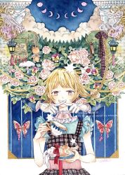 Rule 34 | 1girl, artist name, blonde hair, bug, bust (sculpture), butterfly, cake, cloud, crescent moon, cup, dress, flower, food, fork, frills, gloves, hntaa, holding, holding cup, holding plate, holding saucer, insect, lantern, leaf, looking at viewer, moon, moon phases, mouse, night, original, painting (medium), pine tree, pink flower, plaid, plate, pouring, rabbit, ribbon, rose, saucer, short hair, sky, sleeveless, sleeveless dress, smile, solo, star (symbol), tea, teacup, traditional media, tree, twitter username, upper body, watercolor (medium), watermark, white flower, white gloves